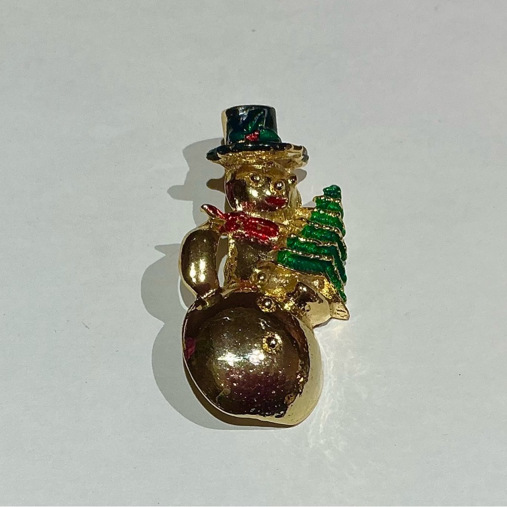 Vintage Festive Snowman Brooch with Christmas Tree